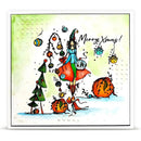 A square Christmas art print or card featuring a whimsical hand-drawn illustration of a woman in a green hat and red dress floating near ornaments, pumpkins, a small decorated tree, and the text 'Merry Xmas!' on a pale yellow-green background.