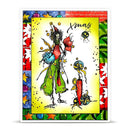 A square Christmas art print featuring whimsical hand-drawn figures, ornaments, stars, and the word 'Xmas' on a yellow background, surrounded by a colorful patterned border.