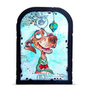 A decorative arched plaque or sign featuring a whimsical cartoon dog illustration on a light blue background with vintage script and a hanging ornament, surrounded by a black border.