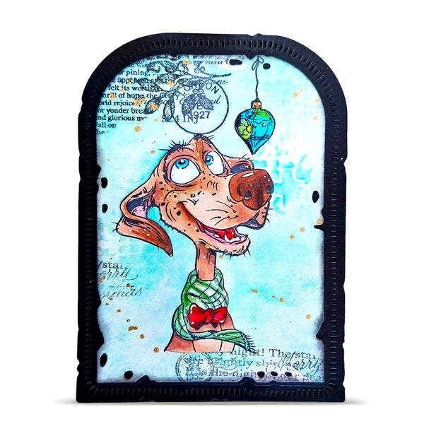 A decorative arched plaque or sign featuring a whimsical cartoon dog illustration on a light blue background with vintage script and a hanging ornament, surrounded by a black border.