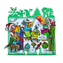 A colorful Christmas-themed illustrated plaque or sign featuring three toucan parrots in holiday attire, ornaments, gifts, and green festive border elements including trees, snowflakes, and a house. The word "NOEL" appears in the center.