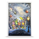 A framed art print featuring a whimsical winter scene with cartoon animals gathered by a glowing street lamp, wrapped in colorful holiday ribbons, under a snowy sky with ornaments and falling snow.