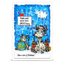 A square Christmas greeting card featuring a cartoon illustration of two cows in a snowy blue scene. One cow wears a Santa hat and sits beside wrapped gifts, while the other holds a decorated ornament.