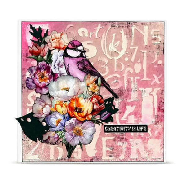 A square art print or card featuring a pink-toned abstract background with layered floral elements in purple, orange, white, and yellow, plus a pink-and-black bird perched on the left side. A small black label near the bottom reads 'CREATIVITY IS LIFE'.