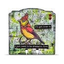 A decorative wall plaque featuring a colorful bird illustration over a distressed, vintage-style collage background with text and dates. The plaque has a scalloped top edge and two small tabs at the bottom.