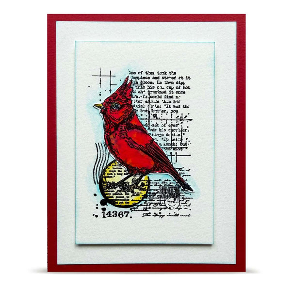 A framed art print featuring a red cardinal perched on a yellow globe, set against a background of handwritten text and musical notation. The print is mounted on a white mat with a bold red frame.