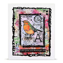 A square handmade greeting card featuring a layered collage design. The center has a black scalloped border around a vintage-style bird illustration with green wings and an orange chest, perched on a small black-and-white airplane.