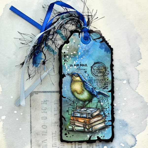 A decorative hanging tag with a blue bird perched on stacked books, printed with vintage-style mail and text elements. The tag has a black scalloped border, a blue ribbon loop, and black-and-white feathery embellishments, shown on a textured light background.