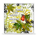 A square art print or card featuring a watercolor-style robin bird perched among green leaves on a white background with black distressed border details. Text boxes read, 'My neighbours listen to good music whether they like it or not.