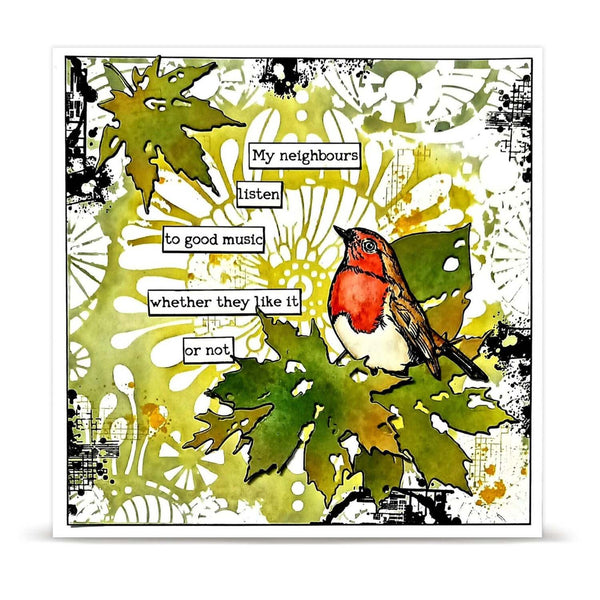 A square art print or card featuring a watercolor-style robin bird perched among green leaves on a white background with black distressed border details. Text boxes read, 'My neighbours listen to good music whether they like it or not.