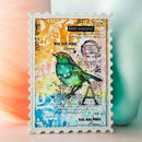 A square decorative card or print with a scalloped white border, featuring a colorful bird illustration over a vintage-style collage with text such as 'Self-control' and 'VIA AIR MAIL.' The background is softly lit with peach and mint tones.