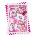 Decorative card with pink floral and postage stamp designs on a white background
