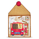 Decorative card with a red Royal Mail truck and postwoman on a white background
