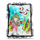 A square mixed-media art print or card featuring a whimsical Christmas scene with a girl in a pink robe and tree hats, surrounded by decorated Christmas trees, a red mug, and the number 25 in red. The piece is framed by a black scalloped border on a white background.