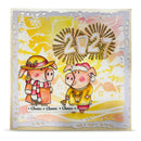 A square handmade greeting card featuring two cartoon pigs dressed in holiday clothing, with the year 2027 in glittery gold numbers and a festive watercolor background in yellow, pink, and white.