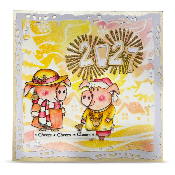 A square handmade greeting card featuring two cartoon pigs dressed in holiday clothing, with the year 2027 in glittery gold numbers and a festive watercolor background in yellow, pink, and white.