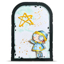 A decorative arch-shaped plaque or card featuring a hand-drawn yellow star and a cartoon girl in a blue and yellow outfit, set against a white background with a black arched border.