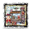 A square illustrated art print featuring a whimsical winter scene with a toy stall, teddy bears, penguins, and a girl with blue eyes, surrounded by a black dripping frame on a white background.