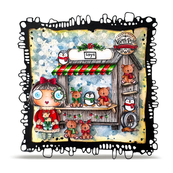 A square illustrated art print featuring a whimsical winter scene with a toy stall, teddy bears, penguins, and a girl with blue eyes, surrounded by a black dripping frame on a white background.