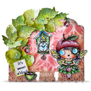 A handmade paper collage or card featuring a whimsical fairy character with blue eyes and leaf wings, a green clock, water-droplet leaves, lace trim, and the text 'it's sweet o'clock' on a white background.