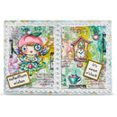 A handmade scrapbook card or art print featuring two whimsical fairy-themed watercolor panels with postage stamp-style perforated edges. The left panel shows a fairy wearing a pink apple-shaped hat and green wings, with the text 'su5arPlum wishes.