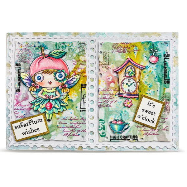 A handmade scrapbook card or art print featuring two whimsical fairy-themed watercolor panels with postage stamp-style perforated edges. The left panel shows a fairy wearing a pink apple-shaped hat and green wings, with the text 'su5arPlum wishes.