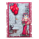 A square mixed-media art card featuring a stylized bride illustration in a red gown, red balloons, a floral bouquet, and a gray patterned background with repeated 'LOVE' text and a red border.