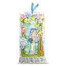 A decorative hanging art piece featuring a whimsical bride illustration with layered paper flowers, a blue ribbon at the top, and a lace ruffle at the bottom, shown on a plain white background.