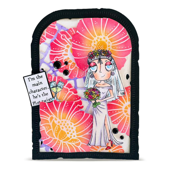 A square decorative plaque or art print with a black stitched border, featuring a whimsical bride illustration over large pink and orange floral patterns. The bride wears a veil and bouquet, and a small hanging tag reads, "I'm the main character, he's the Plot twist.