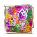 A colorful mixed-media art print featuring a cartoon girl with glasses and a paint palette, next to a small easel with the words 'Paint happy'. The background is a vibrant, multicolored paint-splattered design with abstract brushstrokes and the word 'Art' written in white graffiti-style lettering.