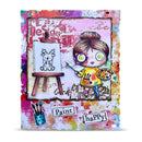 A square mixed-media art print or card featuring a whimsical illustration of a girl painting a deer on an easel, surrounded by colorful paint splatters and text including 'Paint happy'.