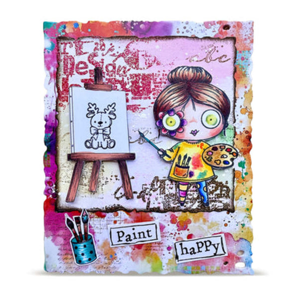 A square mixed-media art print or card featuring a whimsical illustration of a girl painting a deer on an easel, surrounded by colorful paint splatters and text including 'Paint happy'.