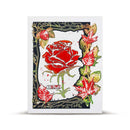 A square greeting card featuring a stylized red rose and red maple leaves with green leaves, set against a black and white background with a white border.