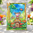 Colorful illustration of a fairy on a mushroom house with a 'sweet' label, surrounded by nature elements.