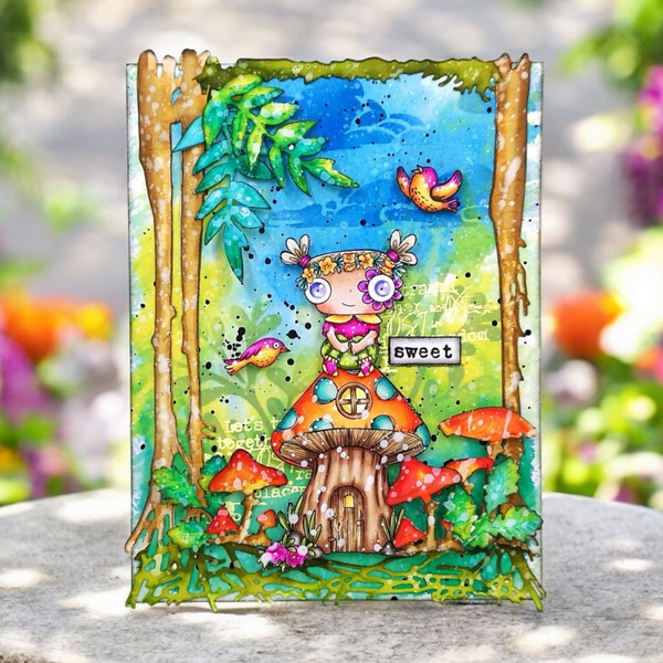 Colorful illustration of a fairy on a mushroom house with a 'sweet' label, surrounded by nature elements.