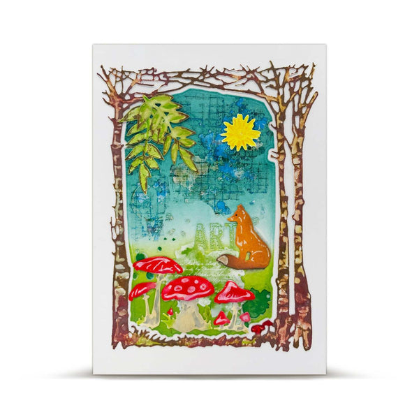 A vertical art print or card featuring a whimsical forest scene with a fox, red mushrooms, green leaves, and a yellow sun, framed by tree branches on a white background.