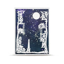 A square art print featuring white silhouette cutouts of whimsical houses, trees, and a lighthouse against a dark navy and purple starry night sky with a glowing full moon.