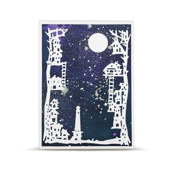 A square art print featuring white silhouette cutouts of whimsical houses, trees, and a lighthouse against a dark navy and purple starry night sky with a glowing full moon.