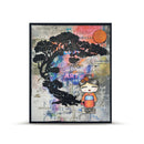 Framed artwork with a black tree silhouette, colorful background, and a small figure.
