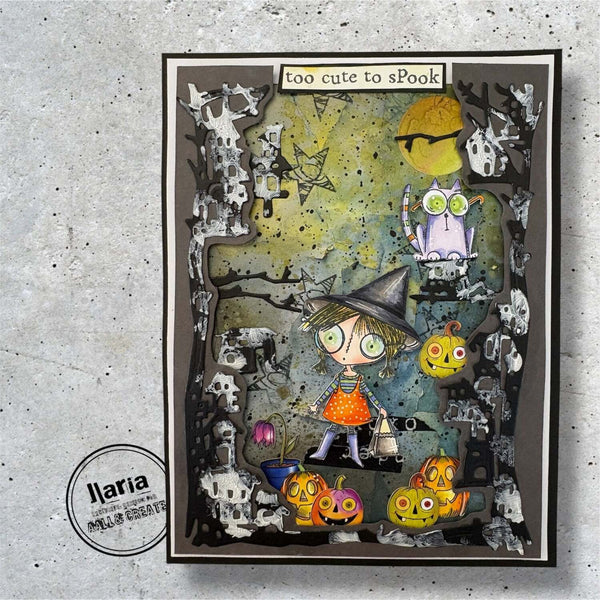 Halloween-themed illustration with a girl in a witch hat and pumpkins on a textured gray background.