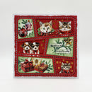 A square handmade Christmas greeting card featuring illustrated cats and dogs wearing holiday outfits, with ornaments, gifts, green leaves, and a red dotted border on a white background.