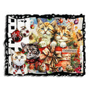 A square Christmas-themed collage artwork featuring four kittens around wrapped presents and ornaments, with the word 'Celebrate' on a gift box, set against a black scalloped border on a white background.