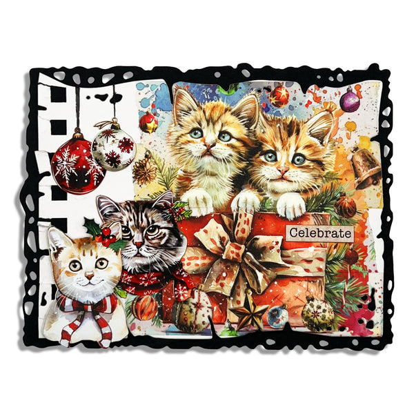 A square Christmas-themed collage artwork featuring four kittens around wrapped presents and ornaments, with the word 'Celebrate' on a gift box, set against a black scalloped border on a white background.