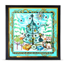 A square handmade Christmas card or art print with a black frame, featuring a whimsical hand-drawn Christmas tree, ornaments, wrapped gifts, candy canes, a snowflake, and a cat. The card has a turquoise and white background with a decorative gold scalloped border.