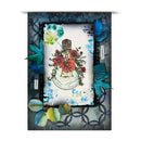A mixed-media art print featuring a central lightbulb illustration with red and orange flowers, surrounded by textured blue leaves and a dark patterned border on a white background.