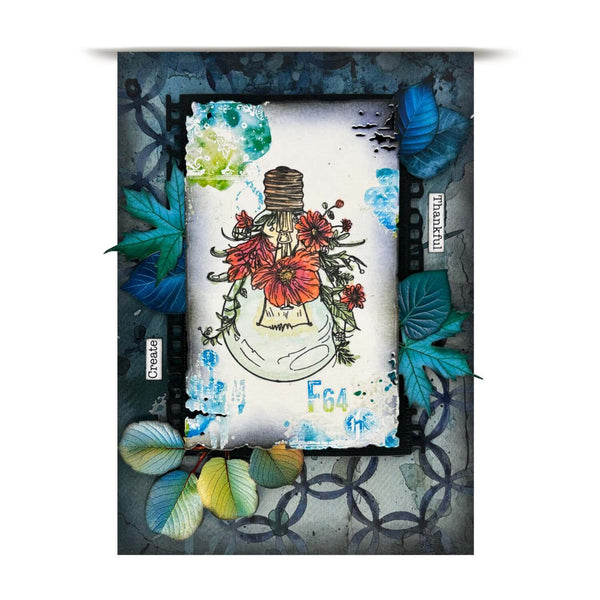 A mixed-media art print featuring a central lightbulb illustration with red and orange flowers, surrounded by textured blue leaves and a dark patterned border on a white background.