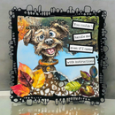 Artistic depiction of a dog with autumn leaves and text on a decorative frame.