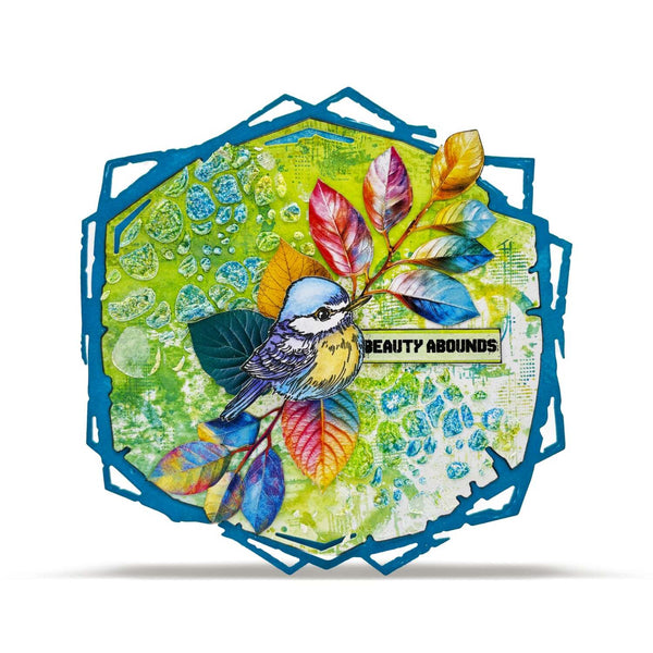 Decorative card with a bird and leaves design on a white background