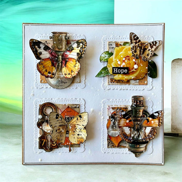 Decorative card with butterflies, flowers, and mechanical elements on a white background.