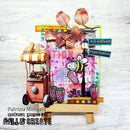 Colorful art piece with a hot dog cart, popcorn buckets, and decorative elements on a textured white background.